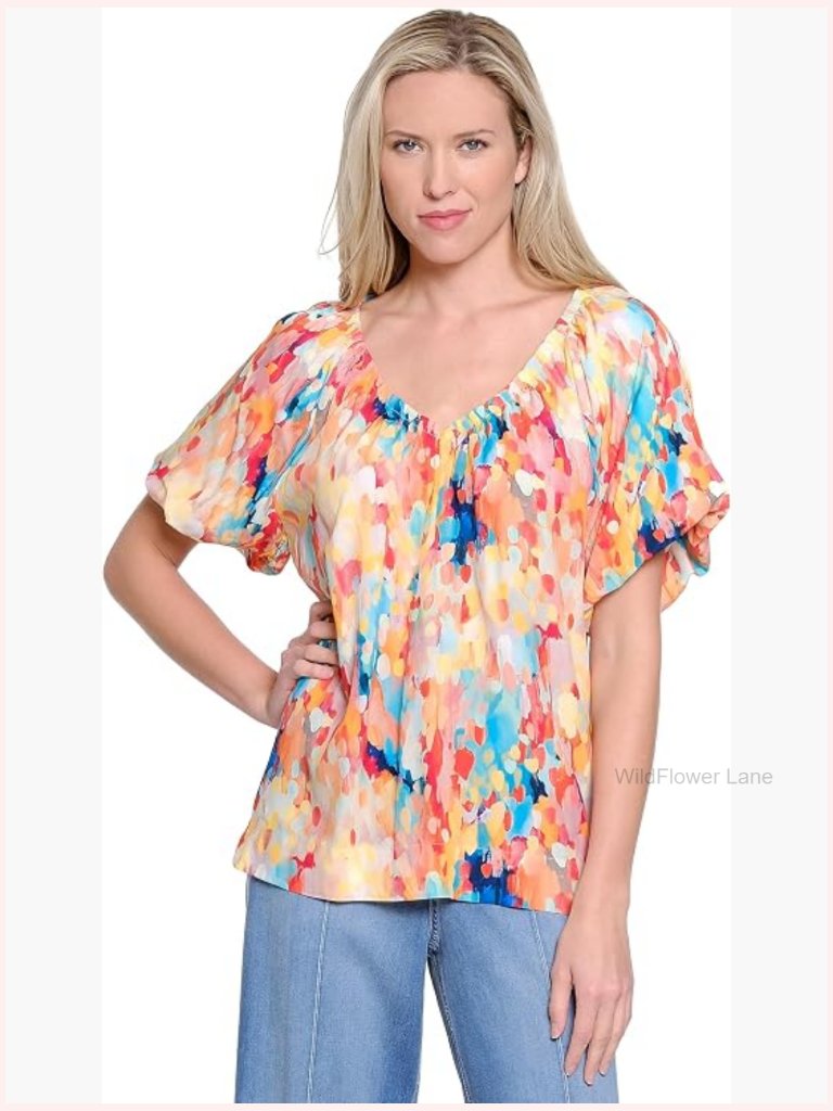 Ruched V-Neck Short Sleeve Tunic Top Women's Rayon